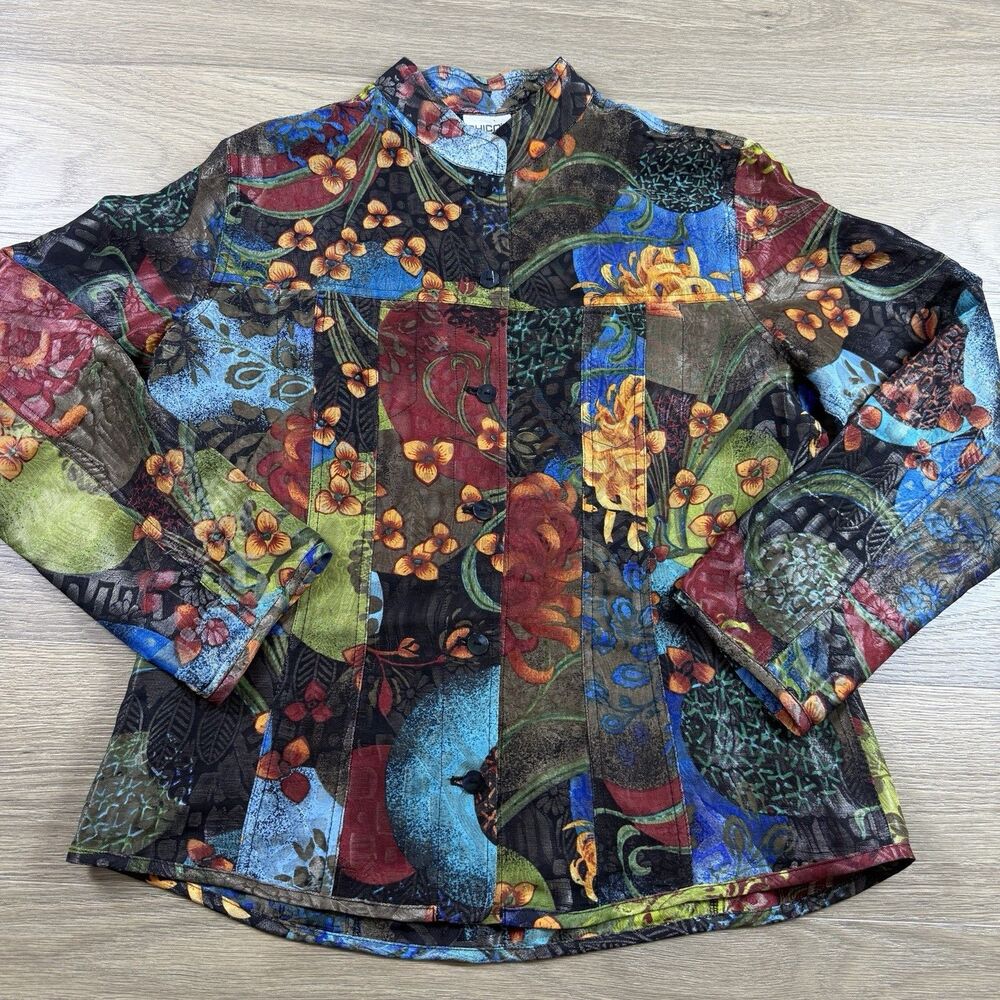 Chicos Top Women Medium 1 Silk Nylon Metallic Tapestry Wearable Art Button Front